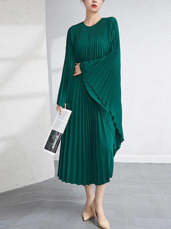 Batwing Sleeves Loose Pleated Solid Color Maxi Dresses - Image 13