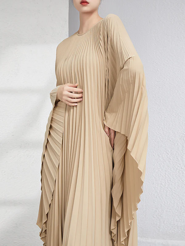 Batwing Sleeves Loose Pleated Solid Color Maxi Dresses - Image 16