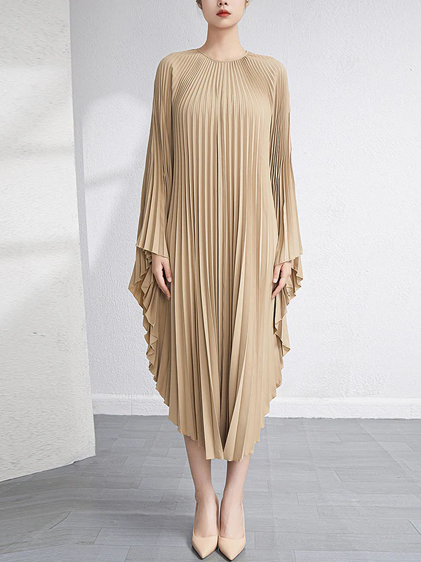 Batwing Sleeves Loose Pleated Solid Color Maxi Dresses - Image 17