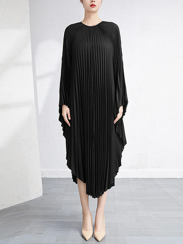 Batwing Sleeves Loose Pleated Solid Color Maxi Dresses - Image 19
