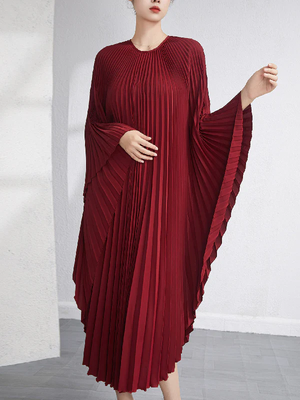 Batwing Sleeves Loose Pleated Solid Color Maxi Dresses - Image 2