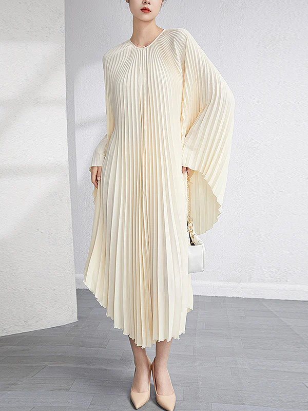 Batwing Sleeves Loose Pleated Solid Color Maxi Dresses - Image 4