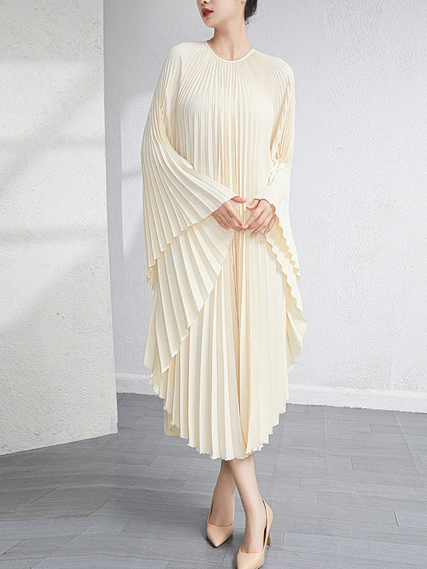 Batwing Sleeves Loose Pleated Solid Color Maxi Dresses - Image 5
