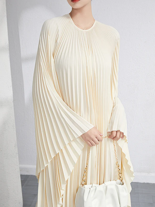 Batwing Sleeves Loose Pleated Solid Color Maxi Dresses - Image 6