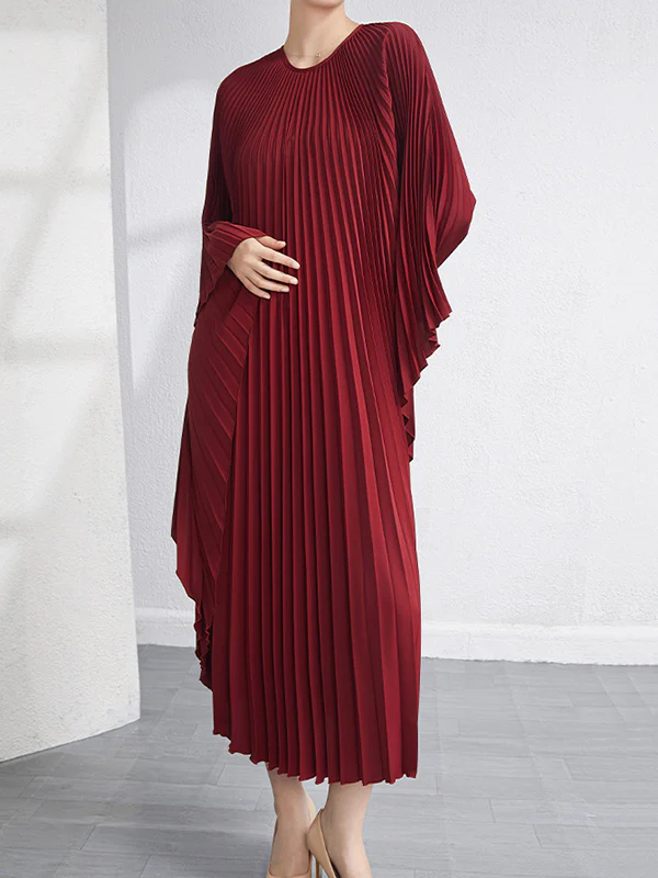 Batwing Sleeves Loose Pleated Solid Color Maxi Dresses - Image 8