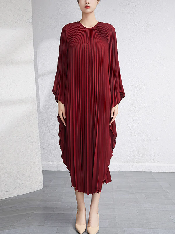 Batwing Sleeves Loose Pleated Solid Color Maxi Dresses - Image 9