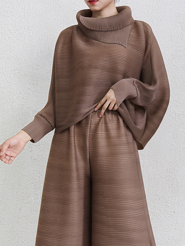 Batwing Sleeves Loose Pleated Solid Color Mock Neck Blouses&Shirts Tops - Image 10