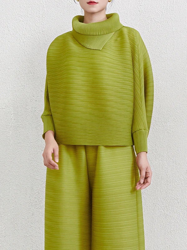Batwing Sleeves Loose Pleated Solid Color Mock Neck Blouses&Shirts Tops - Image 11