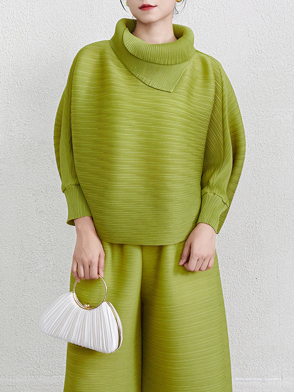 Batwing Sleeves Loose Pleated Solid Color Mock Neck Blouses&Shirts Tops - Image 12