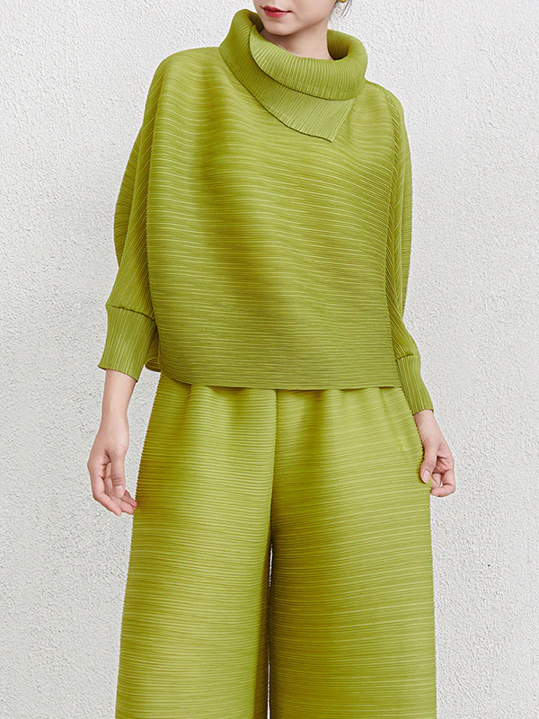 Batwing Sleeves Loose Pleated Solid Color Mock Neck Blouses&Shirts Tops - Image 13