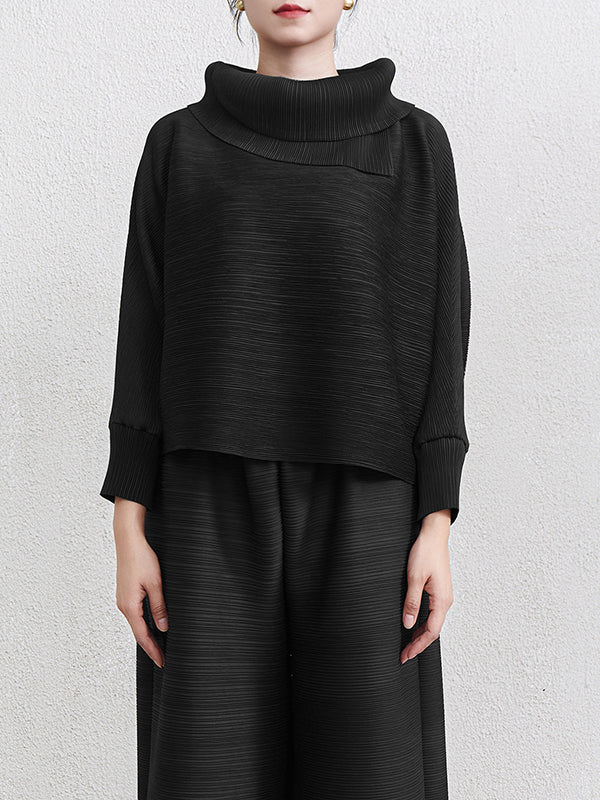 Batwing Sleeves Loose Pleated Solid Color Mock Neck Blouses&Shirts Tops - Image 14