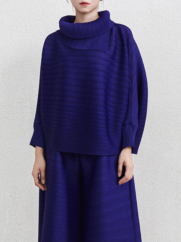 Batwing Sleeves Loose Pleated Solid Color Mock Neck Blouses&Shirts Tops - Image 15