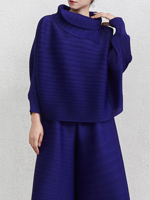 Batwing Sleeves Loose Pleated Solid Color Mock Neck Blouses&Shirts Tops - Image 16