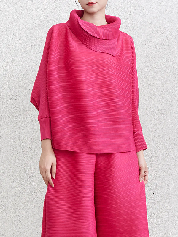 Batwing Sleeves Loose Pleated Solid Color Mock Neck Blouses&Shirts Tops - Image 19