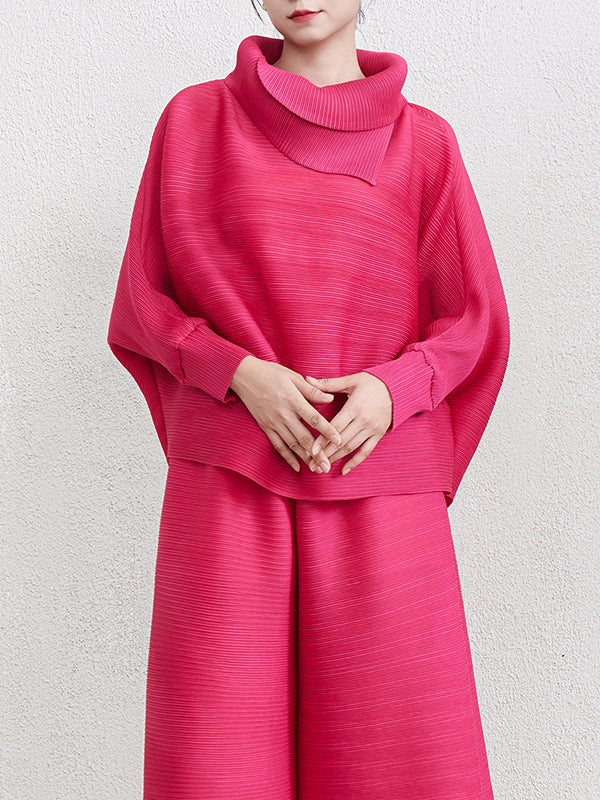 Batwing Sleeves Loose Pleated Solid Color Mock Neck Blouses&Shirts Tops - Image 2