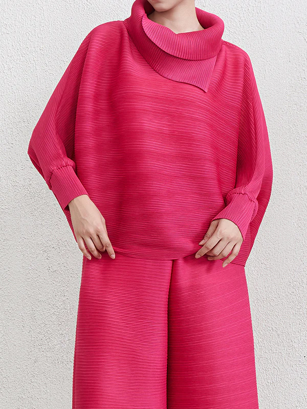 Batwing Sleeves Loose Pleated Solid Color Mock Neck Blouses&Shirts Tops - Image 20
