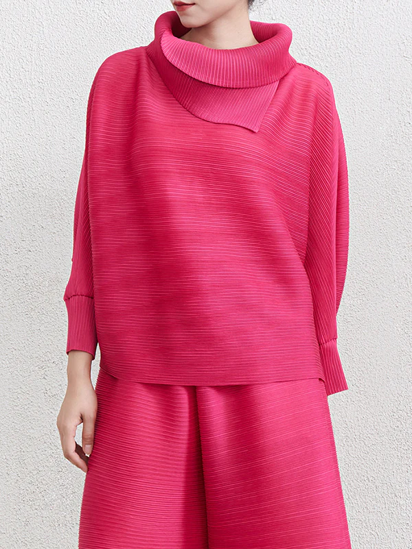 Batwing Sleeves Loose Pleated Solid Color Mock Neck Blouses&Shirts Tops - Image 21