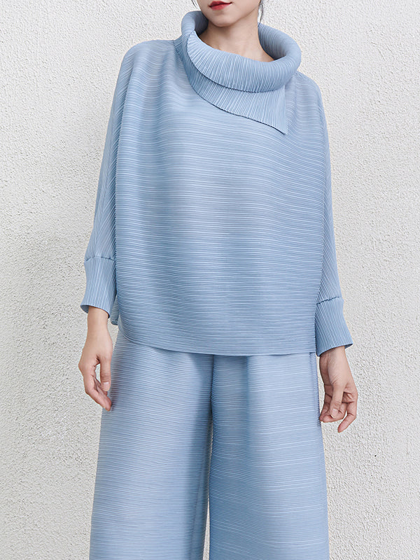 Batwing Sleeves Loose Pleated Solid Color Mock Neck Blouses&Shirts Tops - Image 22