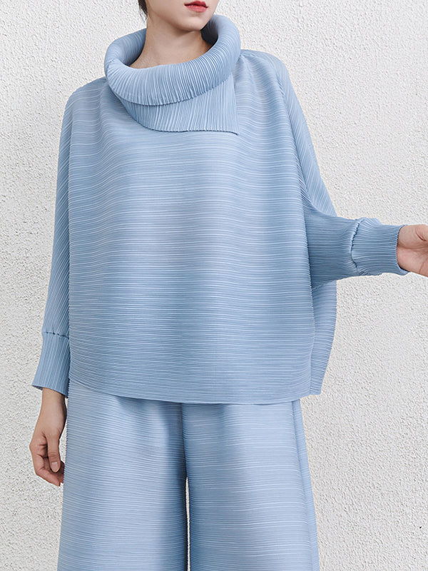 Batwing Sleeves Loose Pleated Solid Color Mock Neck Blouses&Shirts Tops - Image 23