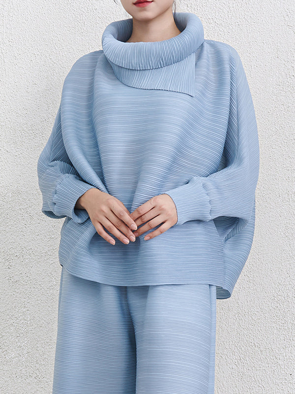 Batwing Sleeves Loose Pleated Solid Color Mock Neck Blouses&Shirts Tops - Image 24