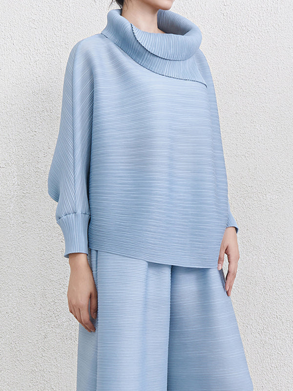 Batwing Sleeves Loose Pleated Solid Color Mock Neck Blouses&Shirts Tops - Image 25