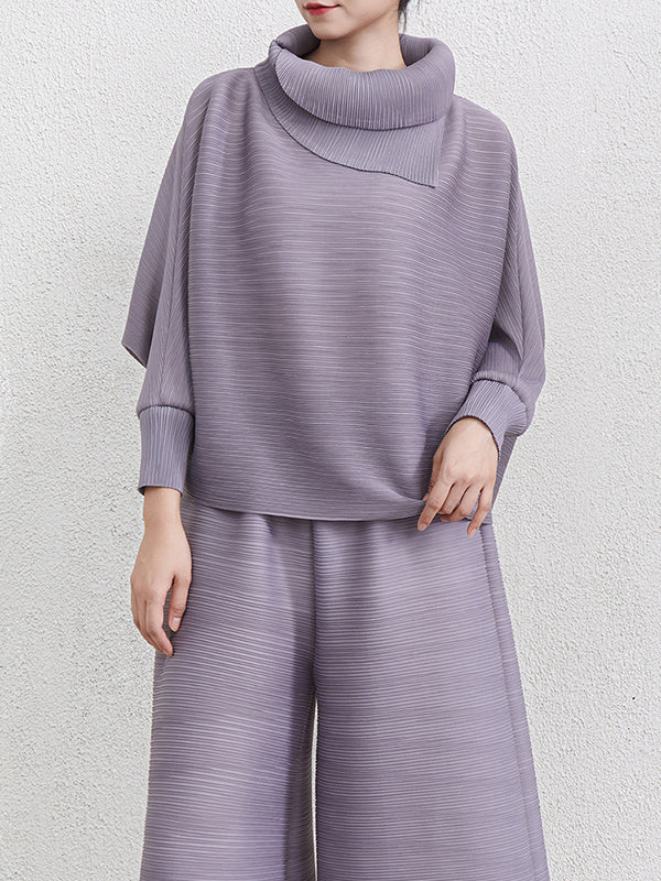 Batwing Sleeves Loose Pleated Solid Color Mock Neck Blouses&Shirts Tops - Image 26
