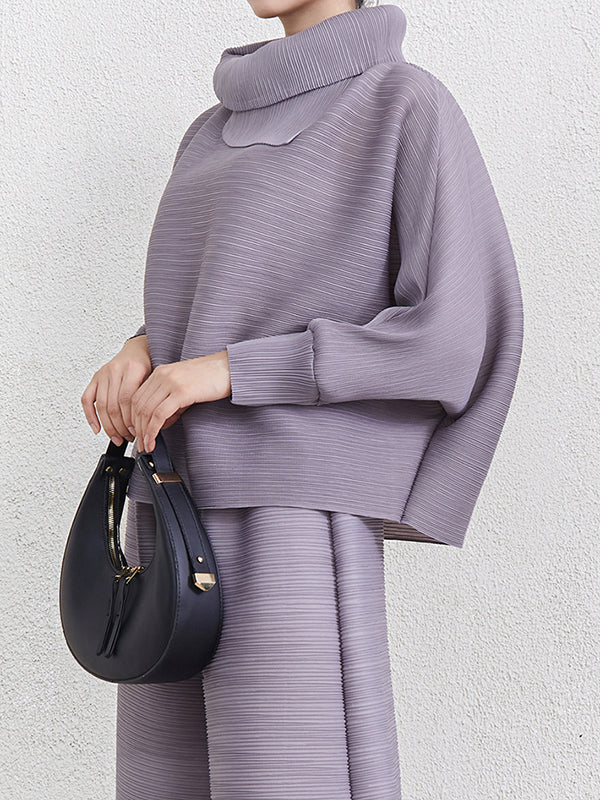 Batwing Sleeves Loose Pleated Solid Color Mock Neck Blouses&Shirts Tops - Image 27
