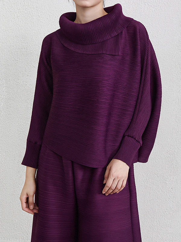 Batwing Sleeves Loose Pleated Solid Color Mock Neck Blouses&Shirts Tops - Image 28