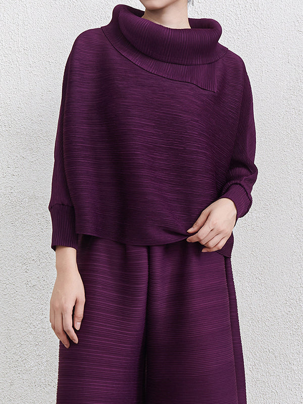Batwing Sleeves Loose Pleated Solid Color Mock Neck Blouses&Shirts Tops - Image 29