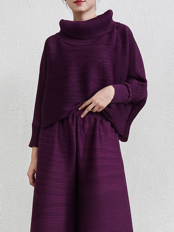 Batwing Sleeves Loose Pleated Solid Color Mock Neck Blouses&Shirts Tops - Image 3