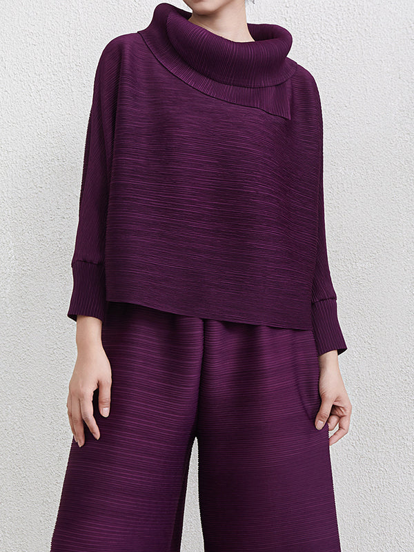 Batwing Sleeves Loose Pleated Solid Color Mock Neck Blouses&Shirts Tops - Image 30