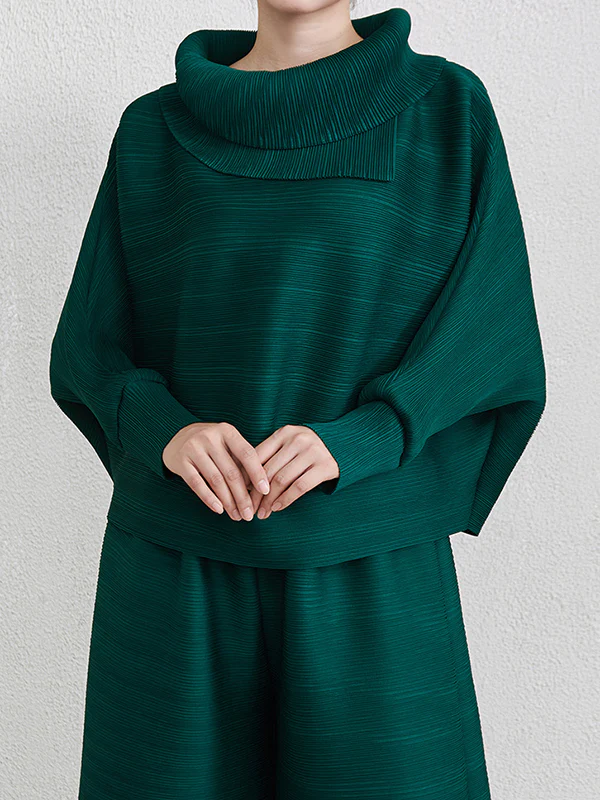 Batwing Sleeves Loose Pleated Solid Color Mock Neck Blouses&Shirts Tops - Image 4