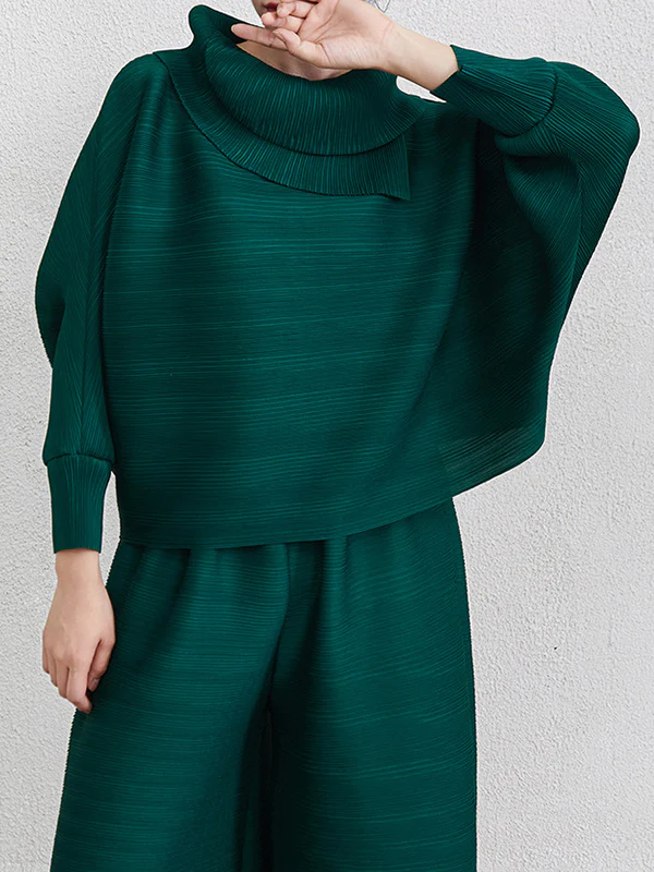 Batwing Sleeves Loose Pleated Solid Color Mock Neck Blouses&Shirts Tops - Image 5