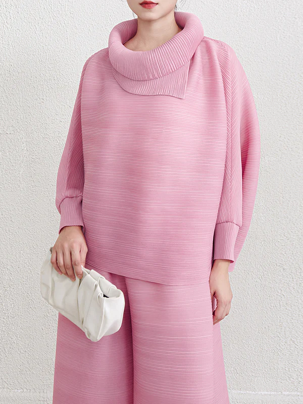 Batwing Sleeves Loose Pleated Solid Color Mock Neck Blouses&Shirts Tops - Image 7