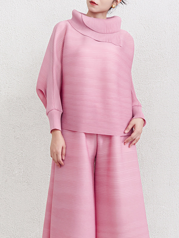 Batwing Sleeves Loose Pleated Solid Color Mock Neck Blouses&Shirts Tops - Image 8
