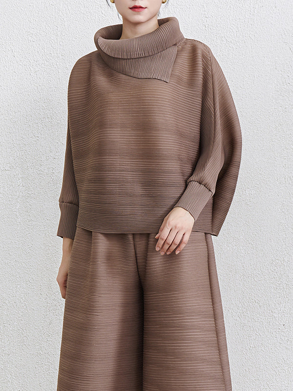 Batwing Sleeves Loose Pleated Solid Color Mock Neck Blouses&Shirts Tops - Image 9