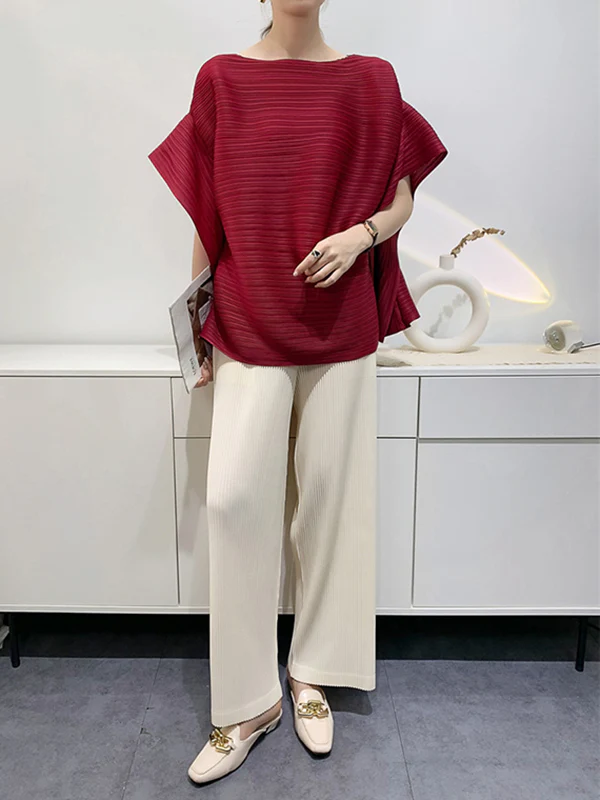 Batwing Sleeves Loose Pleated Solid Color Round-Neck T-Shirts Tops - Image 10