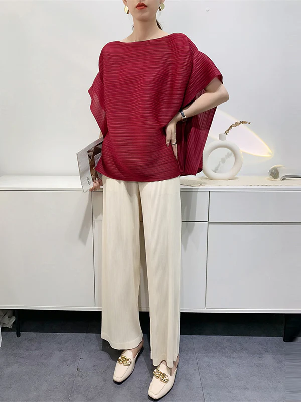 Batwing Sleeves Loose Pleated Solid Color Round-Neck T-Shirts Tops - Image 11