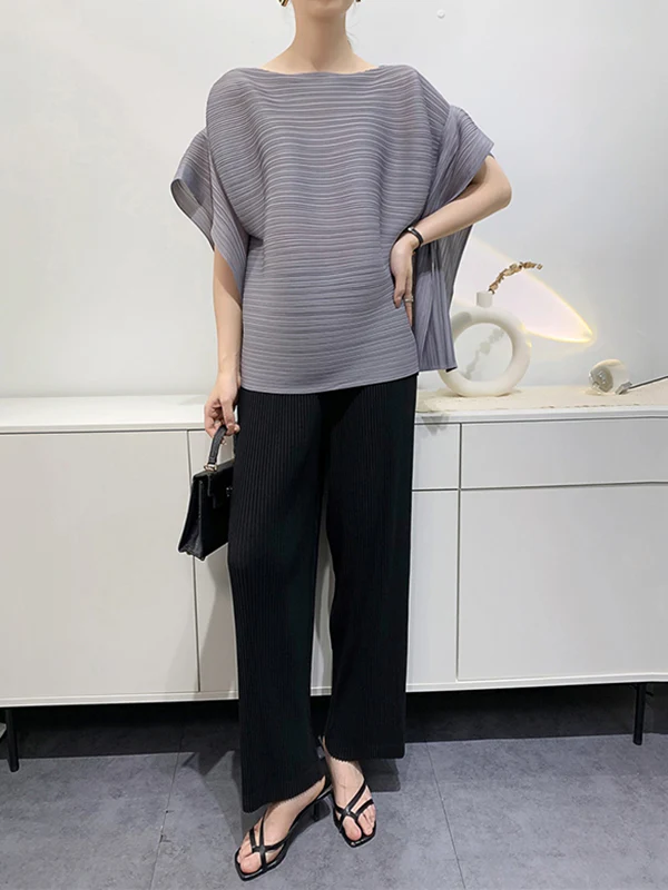 Batwing Sleeves Loose Pleated Solid Color Round-Neck T-Shirts Tops - Image 12
