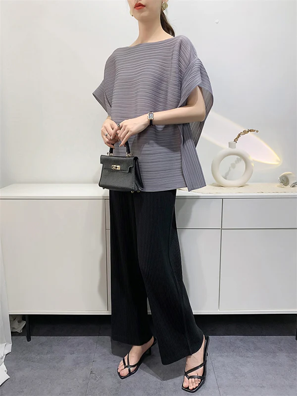 Batwing Sleeves Loose Pleated Solid Color Round-Neck T-Shirts Tops - Image 13