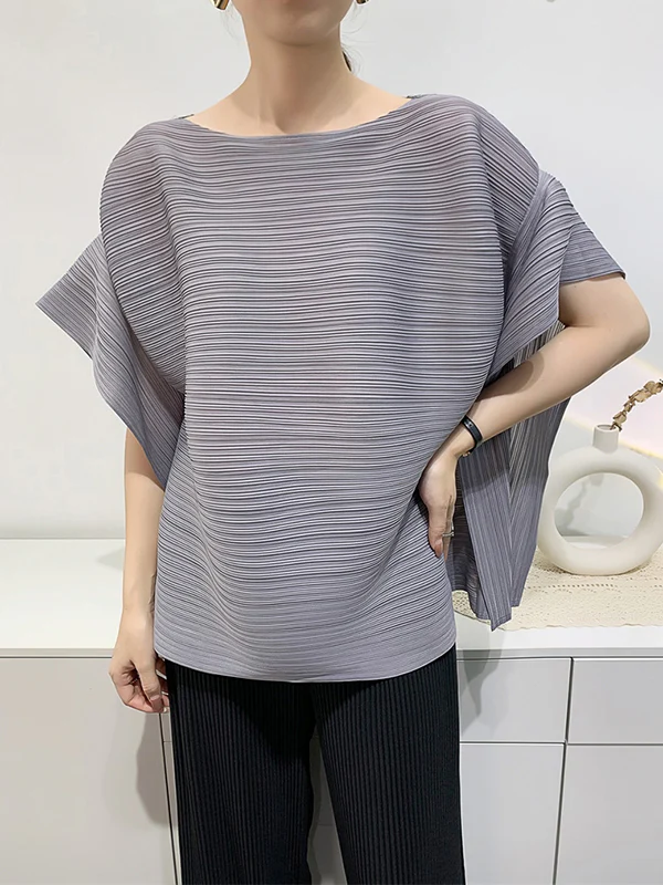 Batwing Sleeves Loose Pleated Solid Color Round-Neck T-Shirts Tops - Image 2