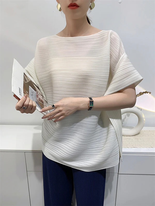 Batwing Sleeves Loose Pleated Solid Color Round-Neck T-Shirts Tops - Image 3