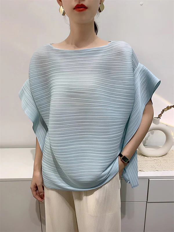 Batwing Sleeves Loose Pleated Solid Color Round-Neck T-Shirts Tops - Image 4