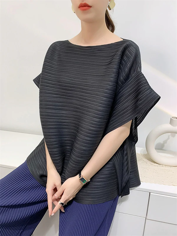 Batwing Sleeves Loose Pleated Solid Color Round-Neck T-Shirts Tops - Image 5