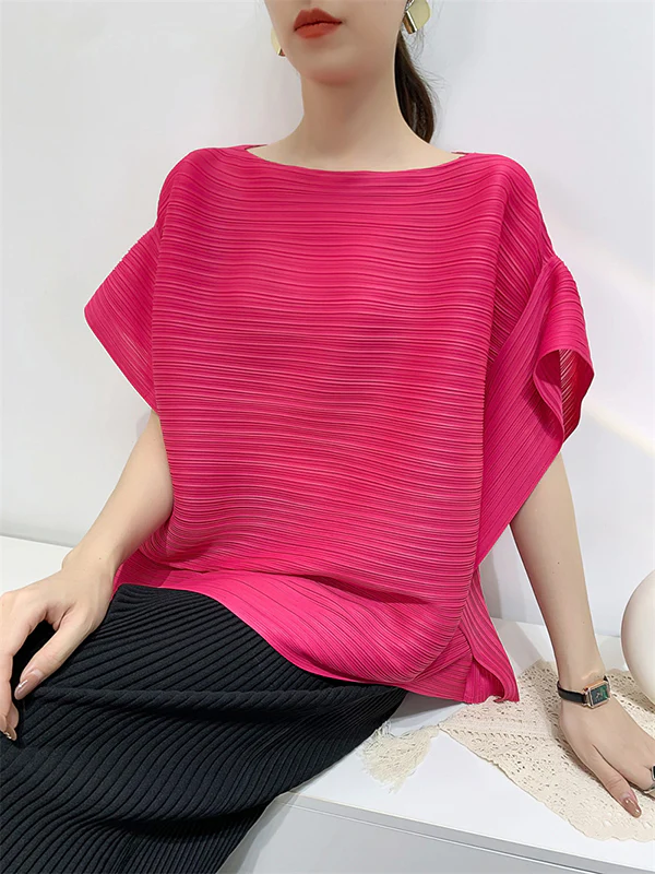 Batwing Sleeves Loose Pleated Solid Color Round-Neck T-Shirts Tops - Image 6