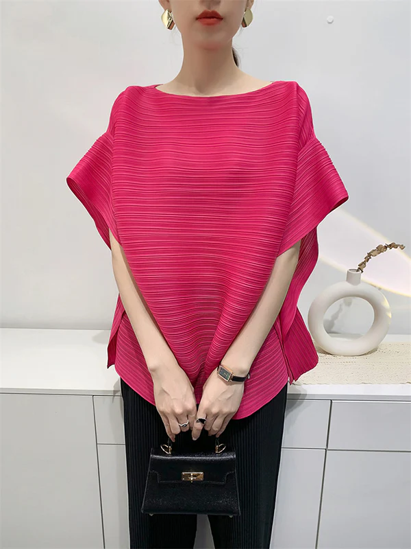 Batwing Sleeves Loose Pleated Solid Color Round-Neck T-Shirts Tops - Image 7
