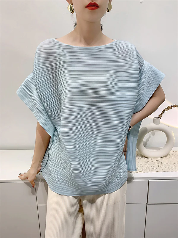 Batwing Sleeves Loose Pleated Solid Color Round-Neck T-Shirts Tops - Image 8