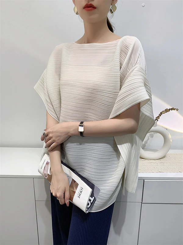 Batwing Sleeves Loose Pleated Solid Color Round-Neck T-Shirts Tops - Image 9