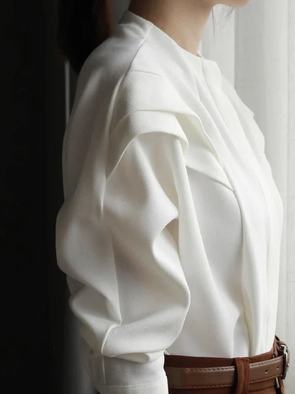 Batwing Sleeves Loose Pleated Solid Color Split-Joint Round-Neck Blouses - Image 2