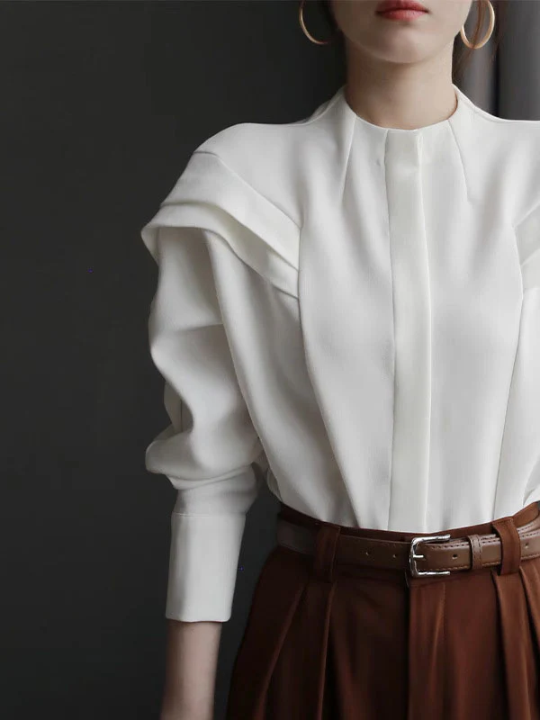 Batwing Sleeves Loose Pleated Solid Color Split-Joint Round-Neck Blouses - Image 3